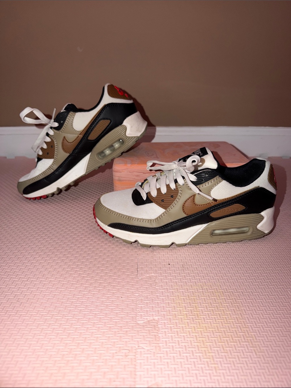 Nike Air Max 90 - White Tan Black Red Accent (Size: Women's 6.5)
